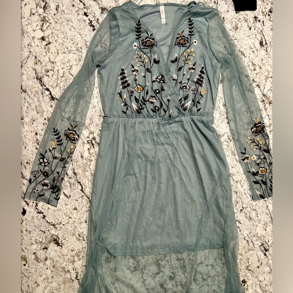 Teal, flower inlay dress